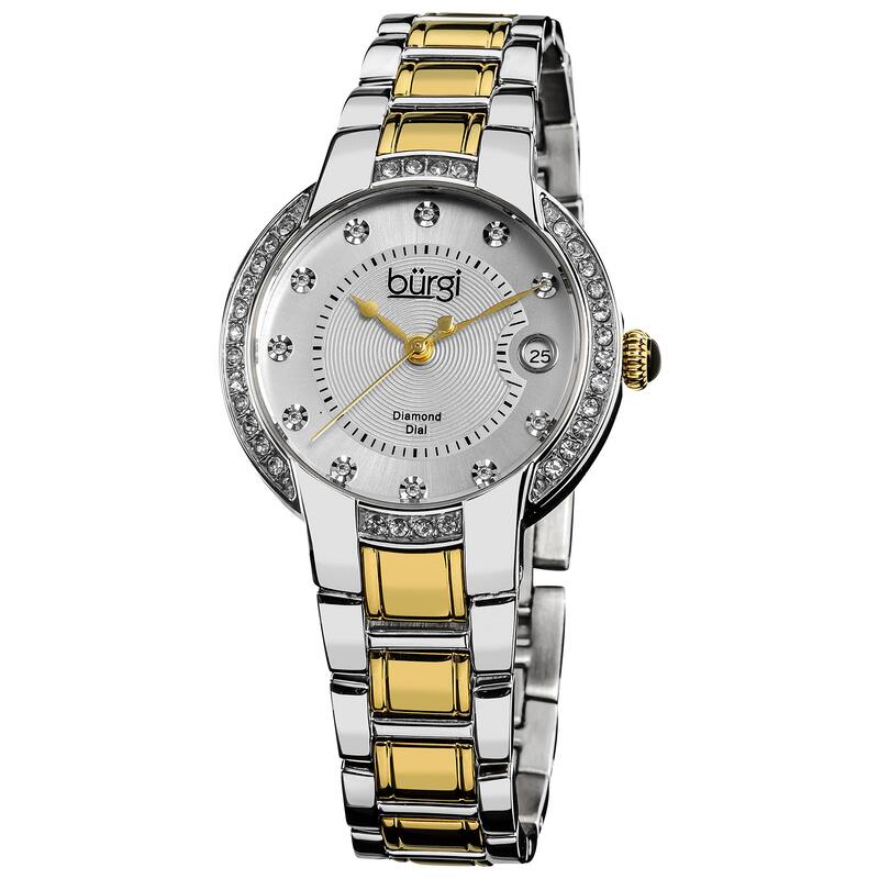 Burgi Women's Stainless Steel Diamond Date Two-Tone Bracelet Watch - black