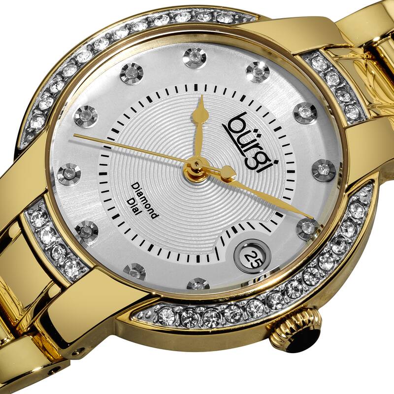 Burgi Women's Stainless Steel Diamond Date Gold-Tone Bracelet Watch - black