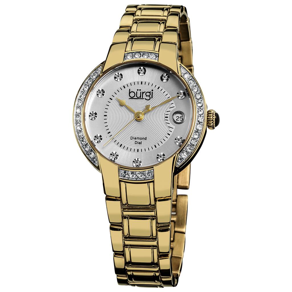 Burgi Women's Stainless Steel Diamond Date Gold-Tone Bracelet Watch - black