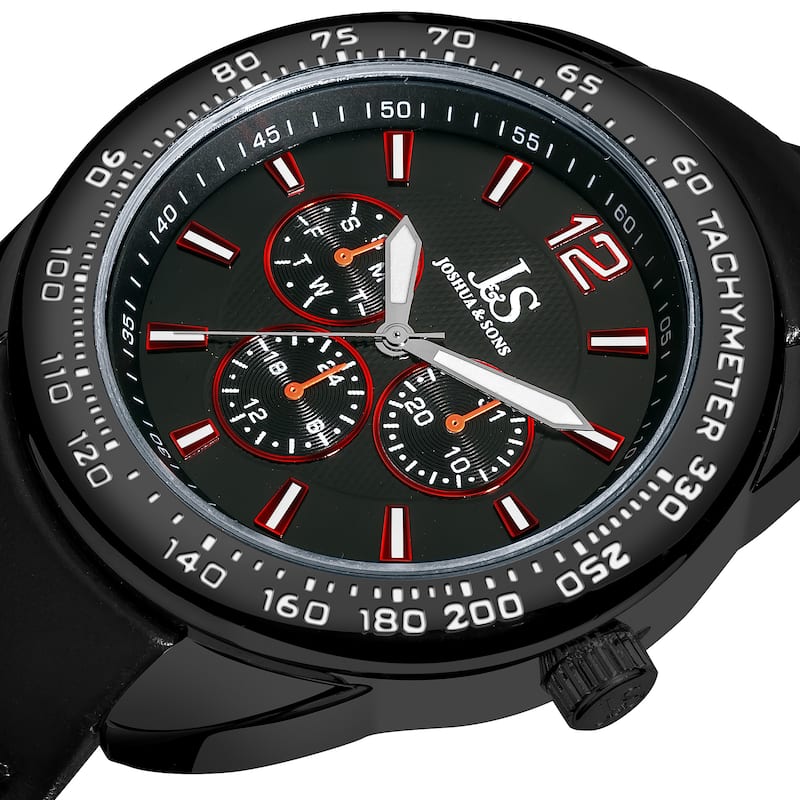 Joshua & Sons Men's Multifunction Tachymeter Black-Bezel Leather-Strap Watch