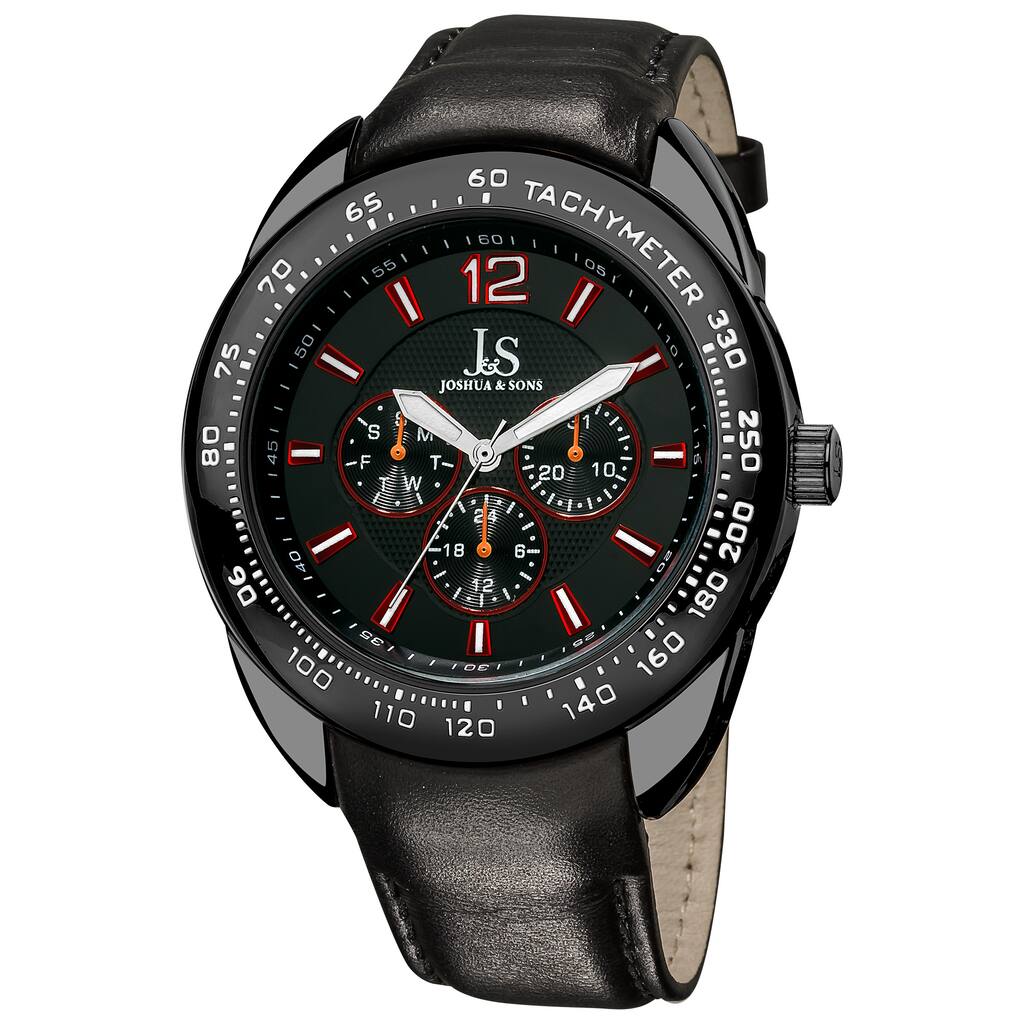 Joshua & Sons Men's Multifunction Tachymeter Black-Bezel Leather-Strap Watch