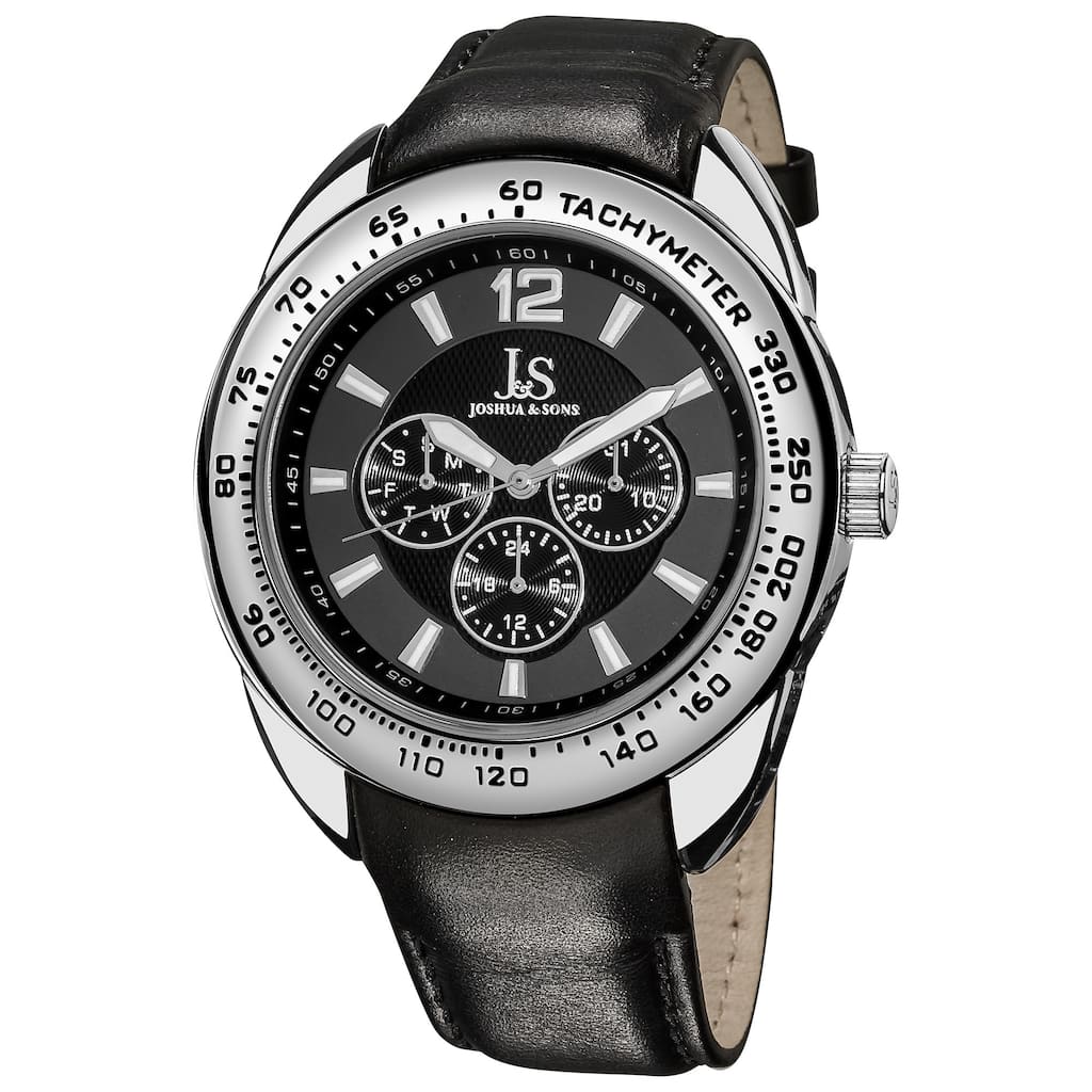 Joshua & Sons Men's Multifunction Tachymeter Leather Grey Strap Watch