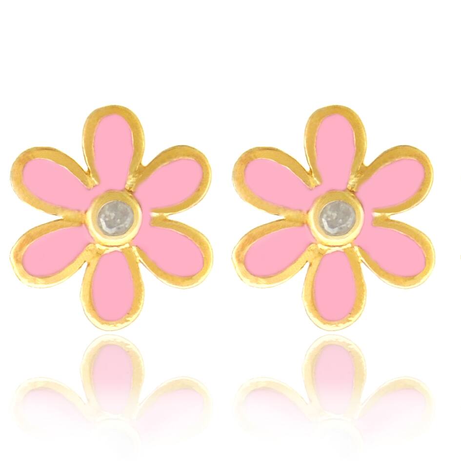 Molly and Emma 18k Gold Overlay Pink Enamel Diamond Children's Flower Earrings
