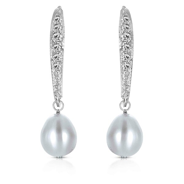 Collette Z Sterling Silver Cubic Zirconia Pearl Dangling Earrings. Opens flyout.