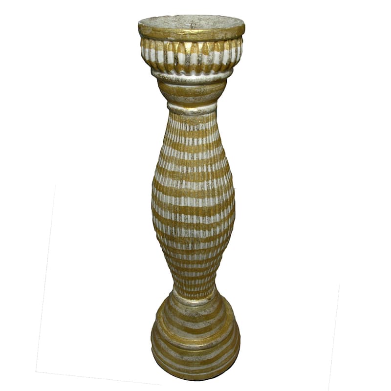 Handmade Gold and White Carved 20-Inch Wood Candlestick (Indonesia) - Green