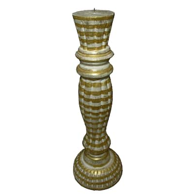 Gold and White 20-Inch Carved Wood Candlestick (Indonesia)