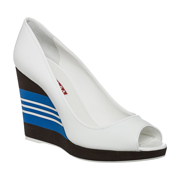 Shop Prada Women's White Patent Leather Striped Peep-toe Wedges - Overstock - 7942623
