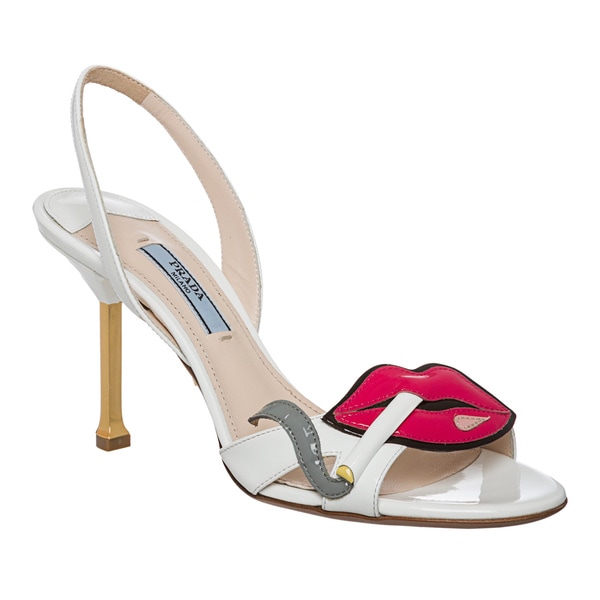 Prada Women's White Patent Leather Cigarette Lips Slingbacks Prada Designer Women's Shoes