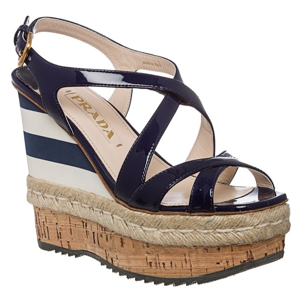 Shop Prada Women's Royal Blue Patent Leather Striped Wedges - Free Shipping Today - Overstock 