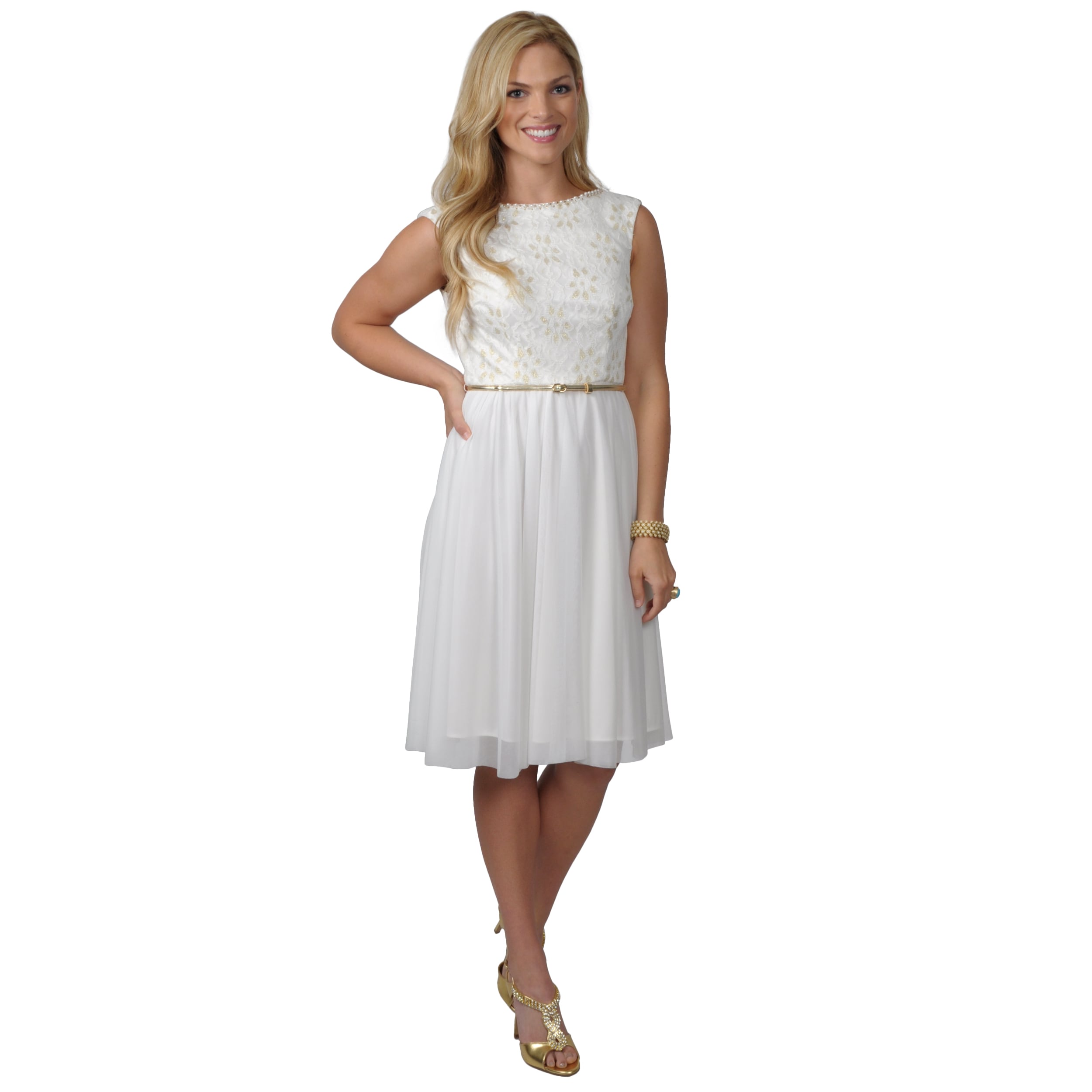 Jessica Howard Womens Lace Bodice Belted Cap Sleeve Sundress