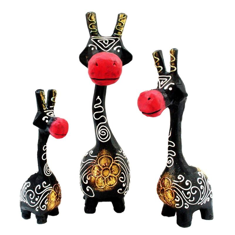 Set of 3 Handmade Black and Red Giraffe Statues (Indonesia) - Black