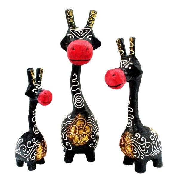 Set of 3 Handmade Black and Red Giraffe Statues (Indonesia)