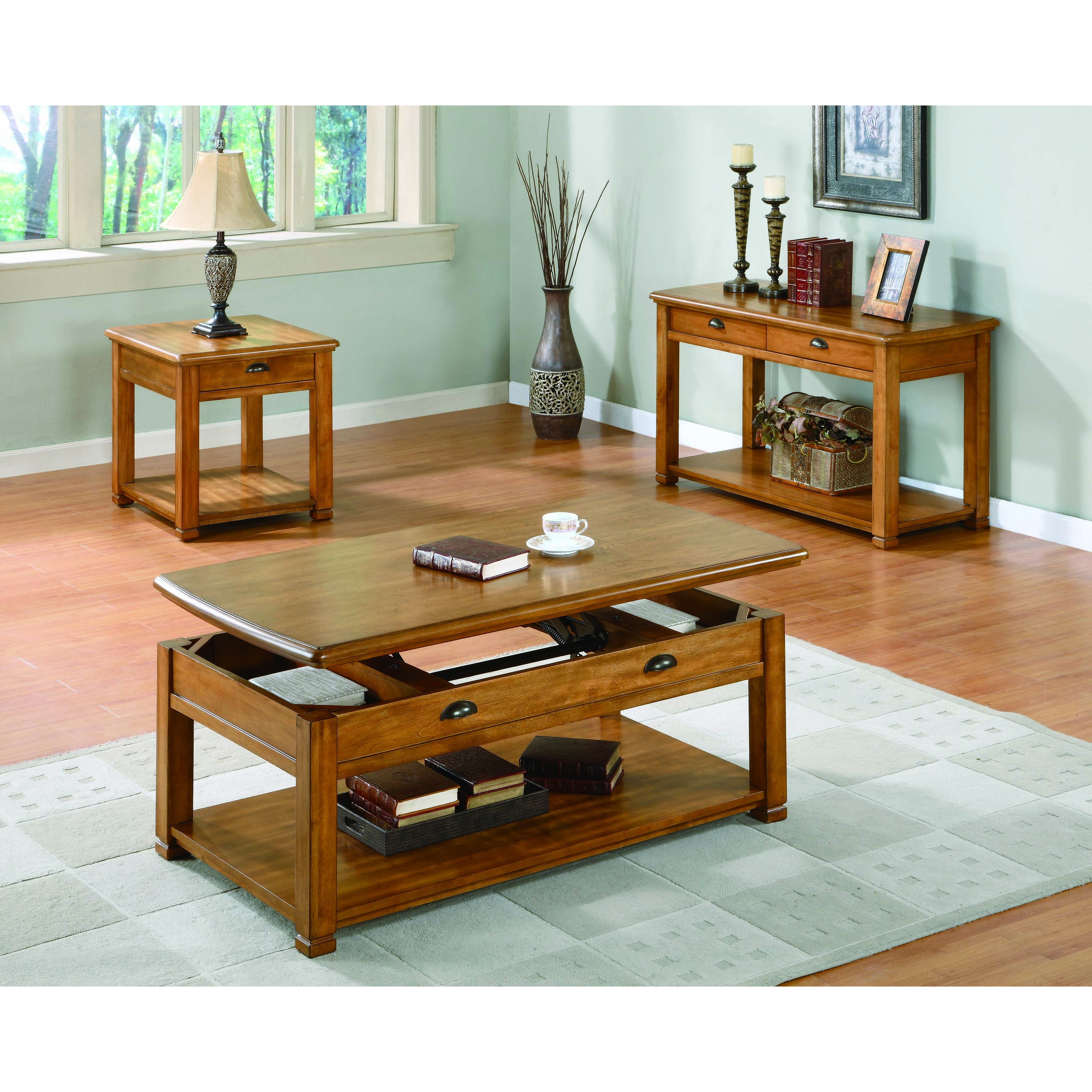 Light oak lift top coffee outlet table