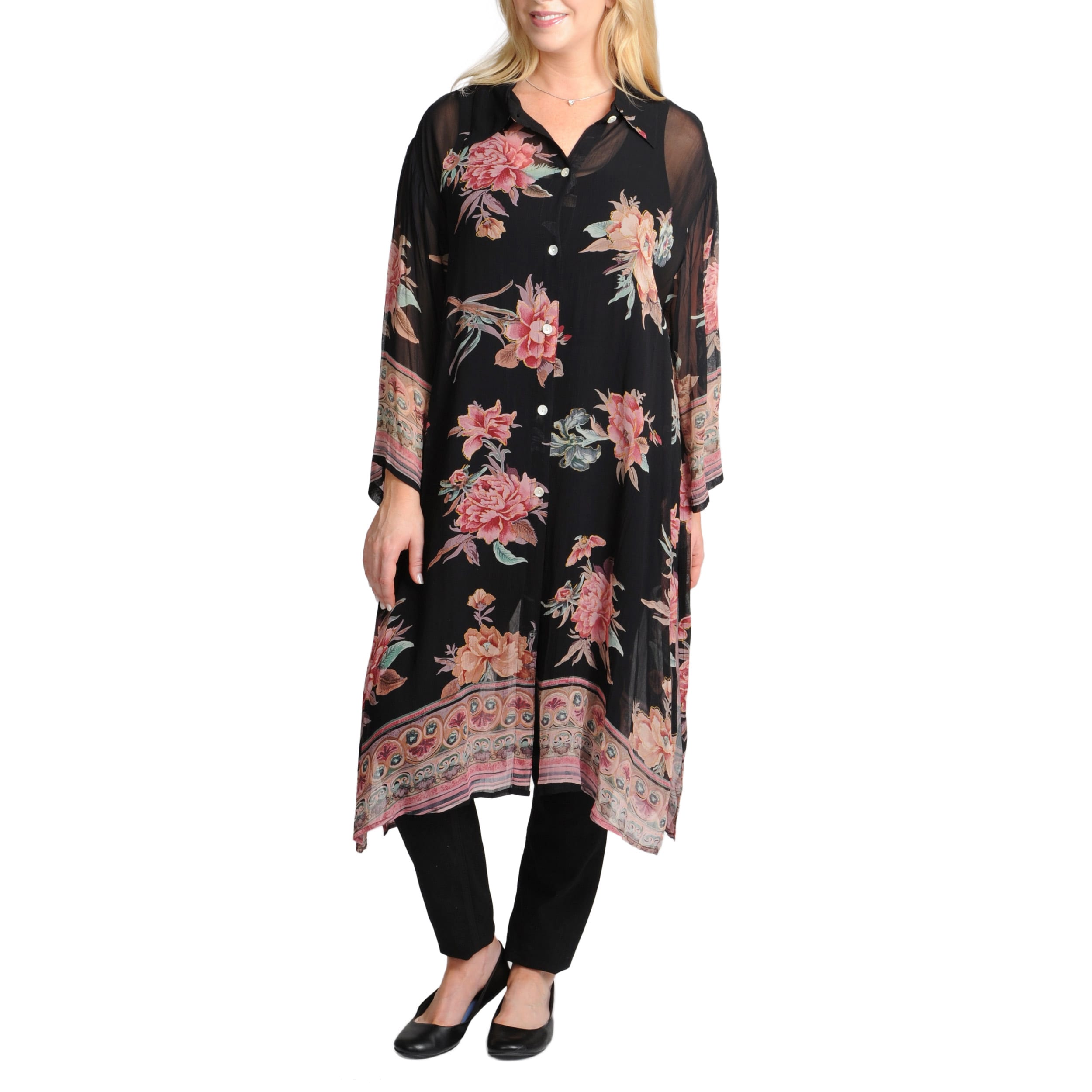 Shop La Cera Women's Plus Size 3/4 Sleeve Sheer Floral Printed Duster ...