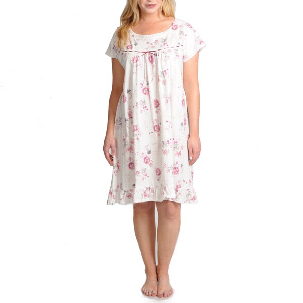 La Cera Women's Plus Size Cap Sleeve Short Ivory Floral Printed Chemise