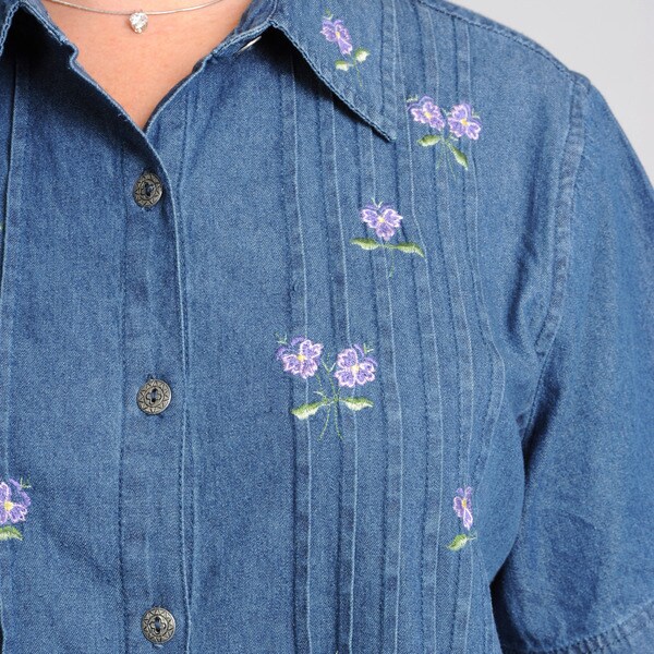 denim dress with embroidered flowers