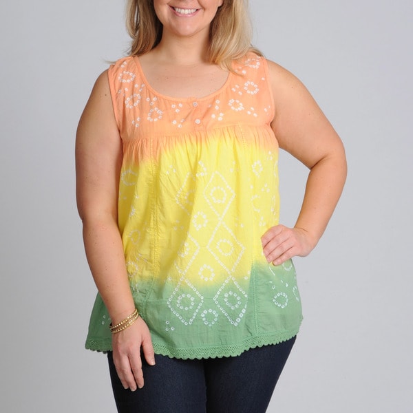 La Cera Women's Plus Size Tie dye Sleeveless Henley Top La Cera Tops