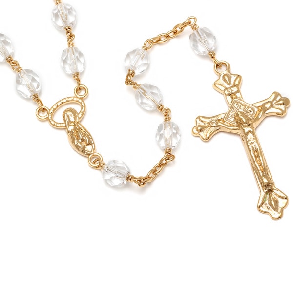 Goldplated Rosary Necklace With Clear Crystal Bead