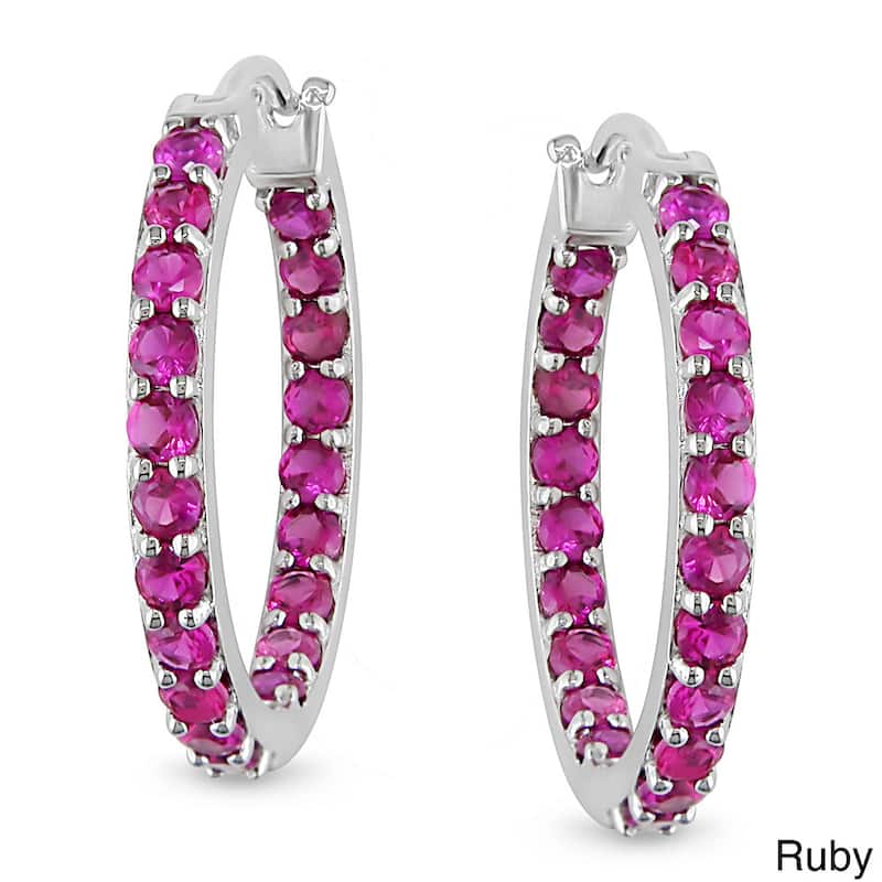 Miadora Sterling Silver Gemstone Inside Outside Hoop Earrings - Red - Ruby