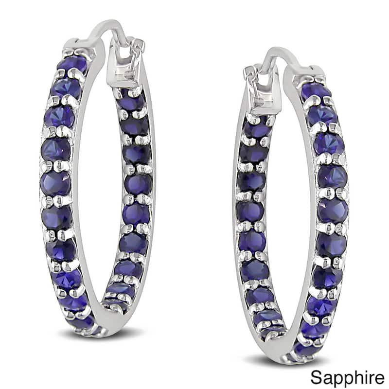 Miadora Sterling Silver Gemstone Inside Outside Hoop Earrings - Blue - Sapphire