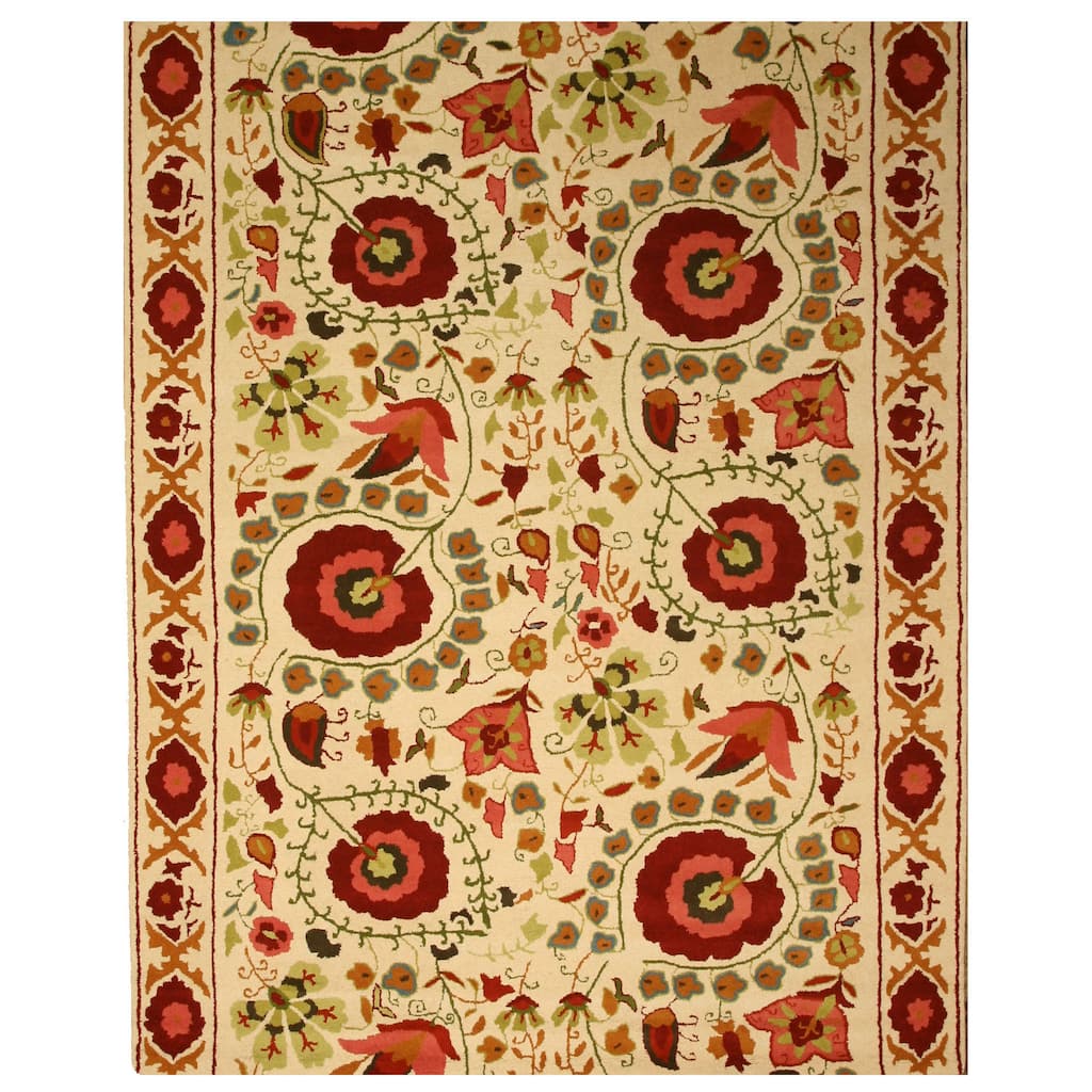Hand-tufted Wool Ivory Traditional Oriental Ivory Suzanis Rug - 5' x 8'