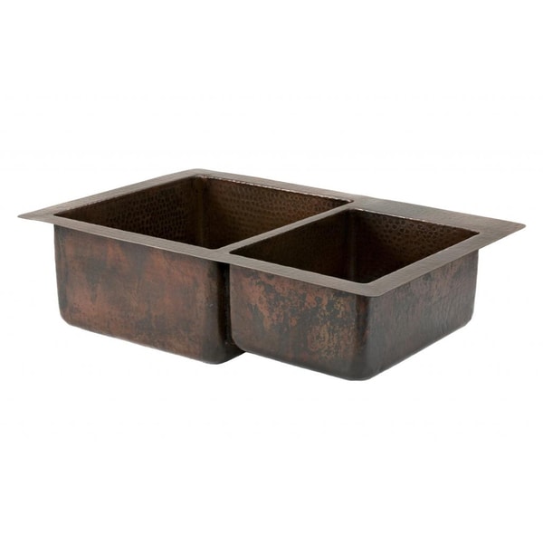 Premier Copper Products Hammered Copper 33inch 60/40 Double Basin
