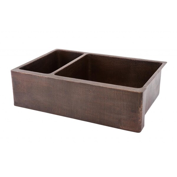Premier Copper Products Hammered Copper 33-inch 25/75 Double-basin Apron Kitchen Sink