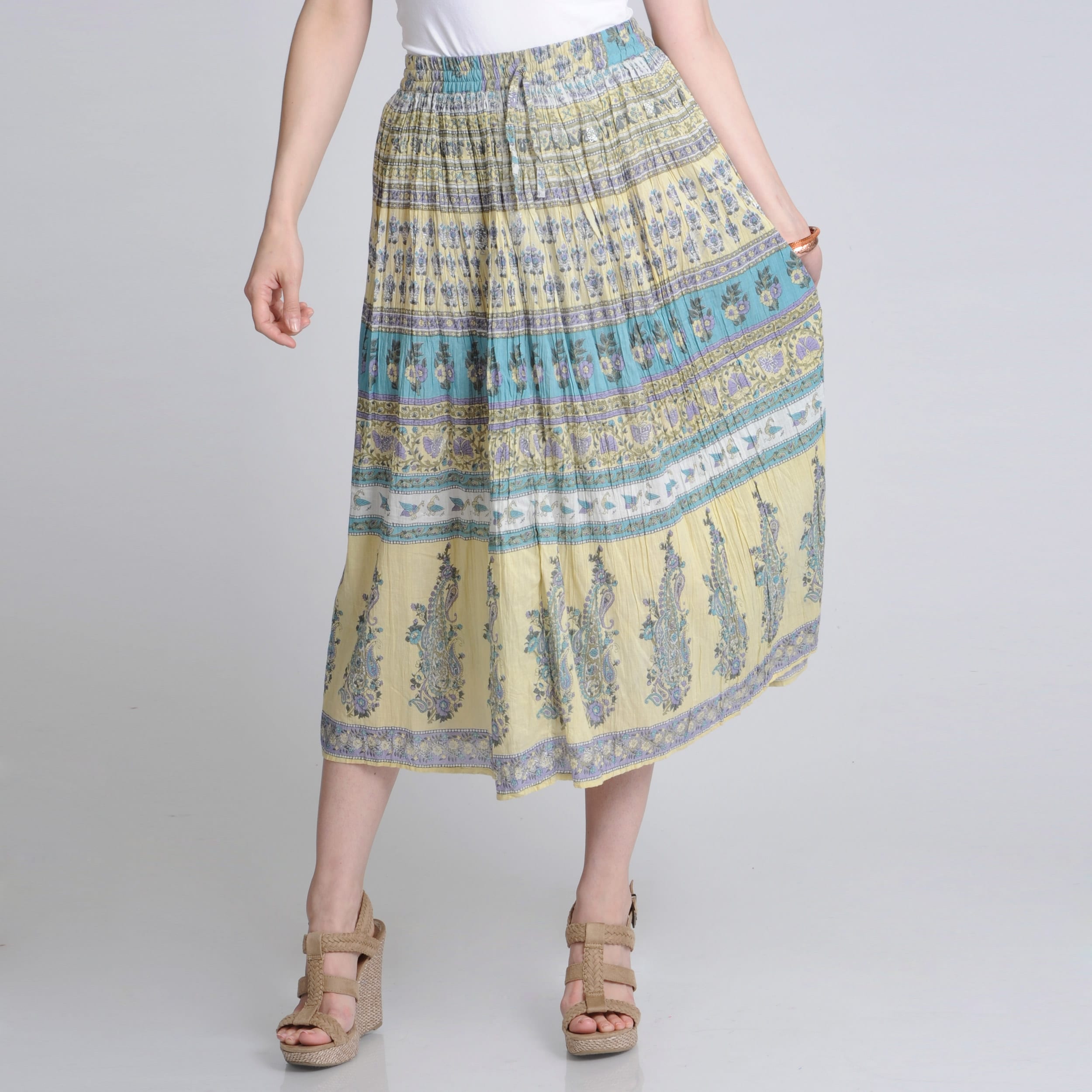La Cera Womens Floral Print Crinkled Maxi Skirt