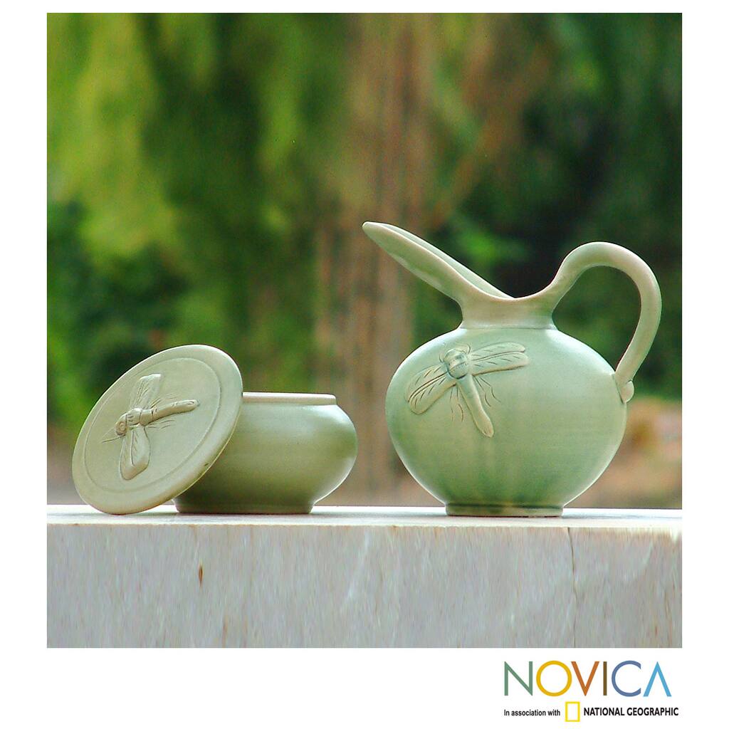 Handmade Ceramic 'Dragonfly Fancy' Sugar Bowl and Creamer Set (Indonesia)