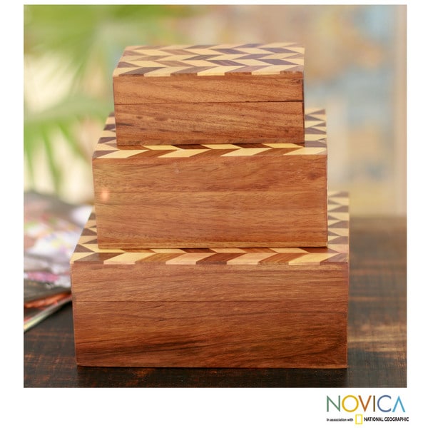 Set of 3 Sheesham and Kadam Wood 'Zigzag Arrows' Boxes (India) Novica Accent Pieces