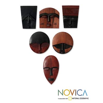 Set of 6 Handcrafted Guarea Wood 'African Masks' Ornaments (Ghana)