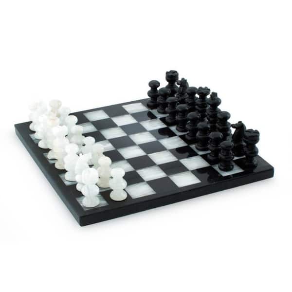 slide 4 of 4, NOVICA Triumph Hand Carved Black and White Onyx and Marble Game Suitable for Boys Girls or Family Night Decorative Chess Set Black