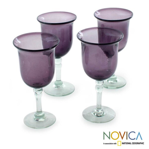 Shop Handmade Set of 4 Blown Glass 'Amethyst Tulip' Goblets (Mexico