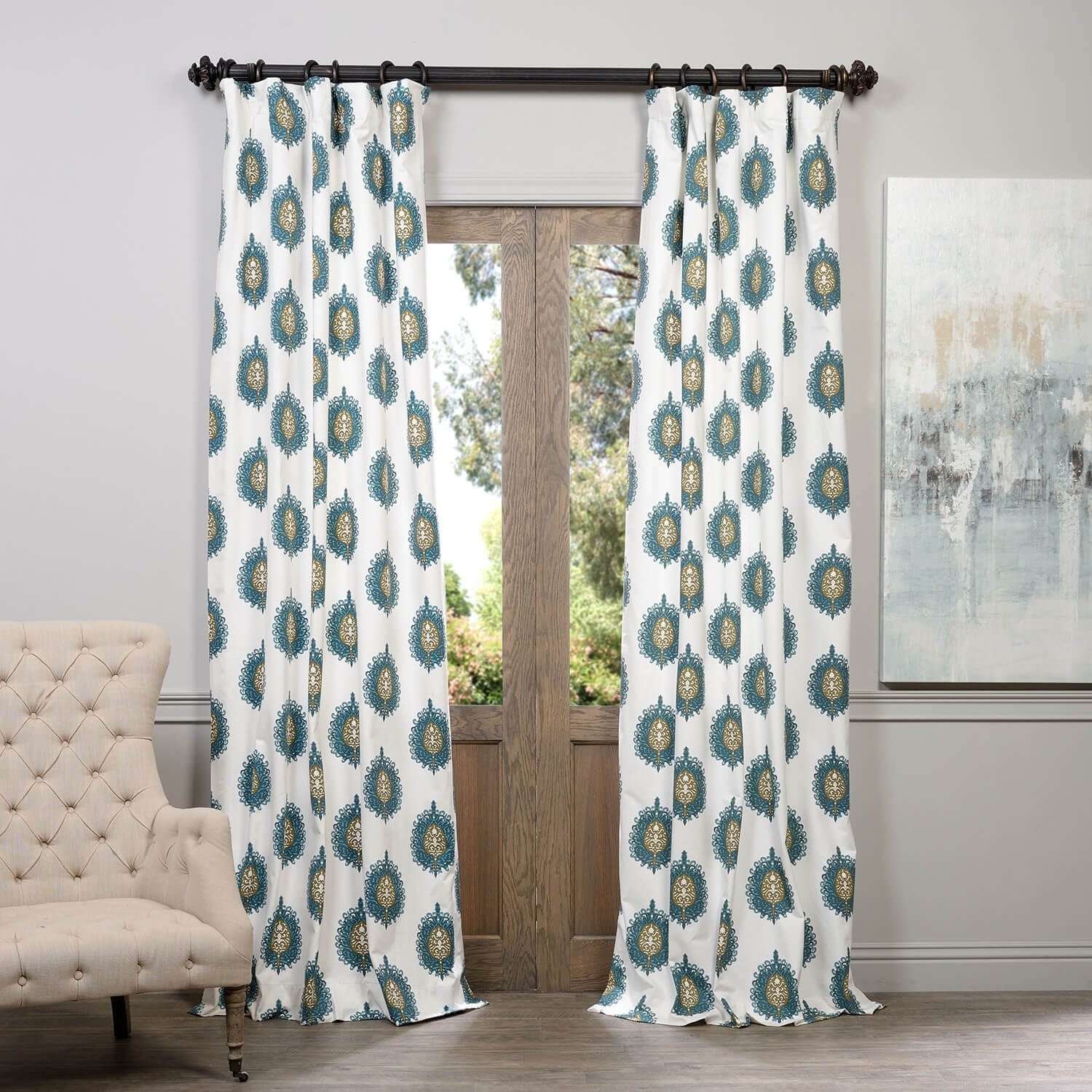 Shop Exclusive Fabrics Teal Mayan Printed Cotton Curtain Panel On
