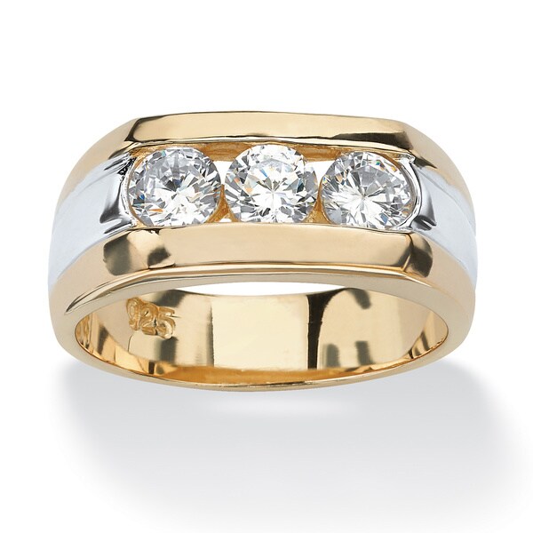 Shop Men&#39;s 1.50 TCW Channel-Set Cubic Zirconia 18k Gold over Sterling Silver Triple-Stone Ring ...