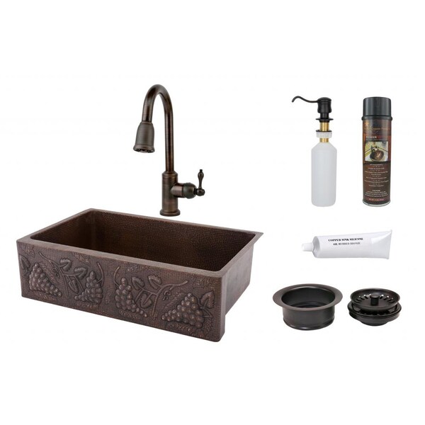 Handmade 33" Copper Hammered Single Basin Sink and Faucet Package (Mexico)