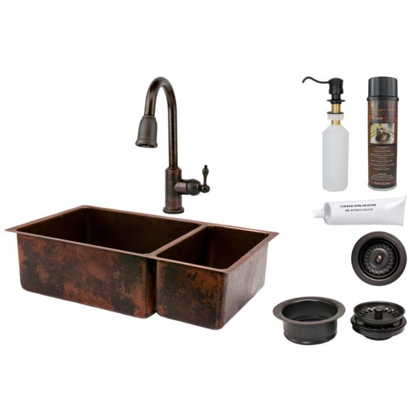 Premier Copper Products 75/25 Double Basin Sink with Pull Down Faucet Package. Opens flyout.