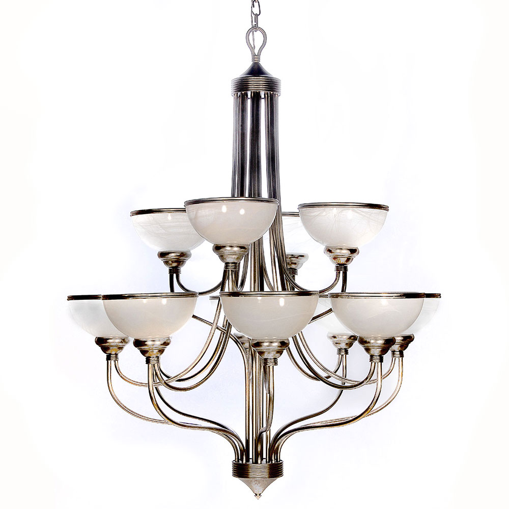 Windsor Brushed steel 12 light Chandelier With Alabaster Glass Shades