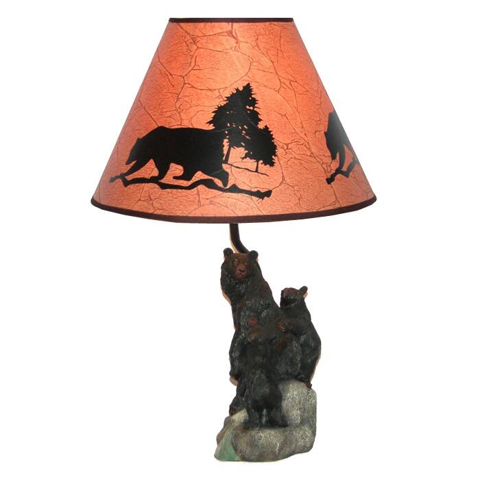 Black Bear Mother with Two Cubs Table Lamp with Reverse Stencil Lamp Shade