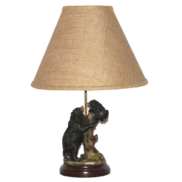 Black Bear with Cub Table Lamp with Burlap Lamp Shade  