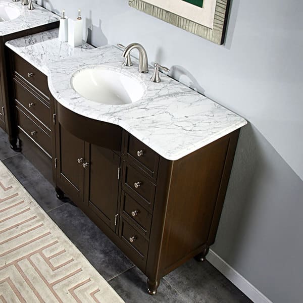 Silkroad Exclusive 58 Inch Carrara White Marble Stone Top Bathroom Single Sink Vanity Left Side Sink Overstock 7966399