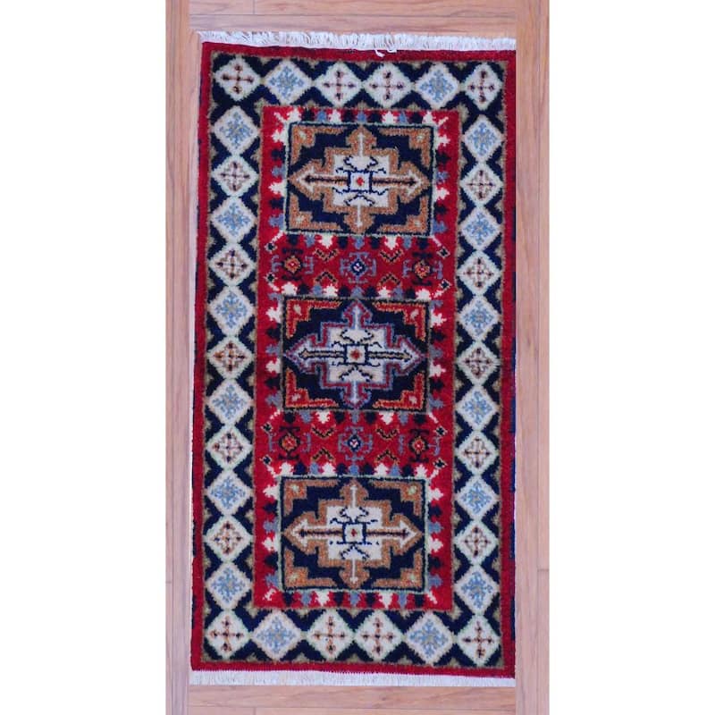 Handmade Kazak Wool Rug (India) - 2'2 x 4' - 2'2 x 4' - Red/Ivory