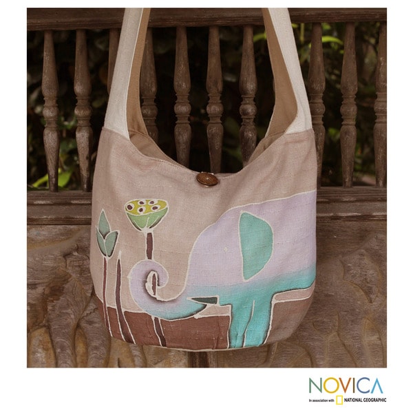 Handcrafted Cotton Lotus Elephant Medium Sling Bag (Thailand)