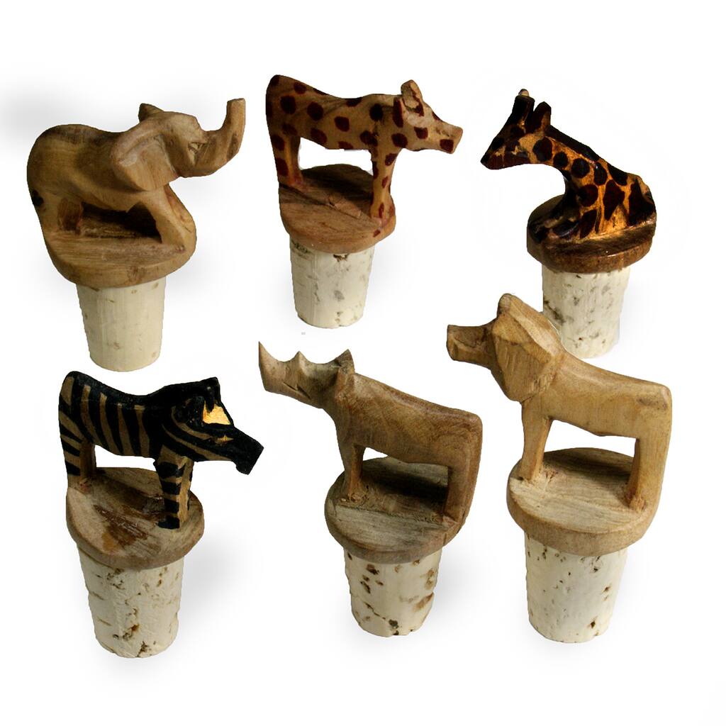 Handmade Set of 6 Assorted Animal Bottle Stoppers (Kenya)