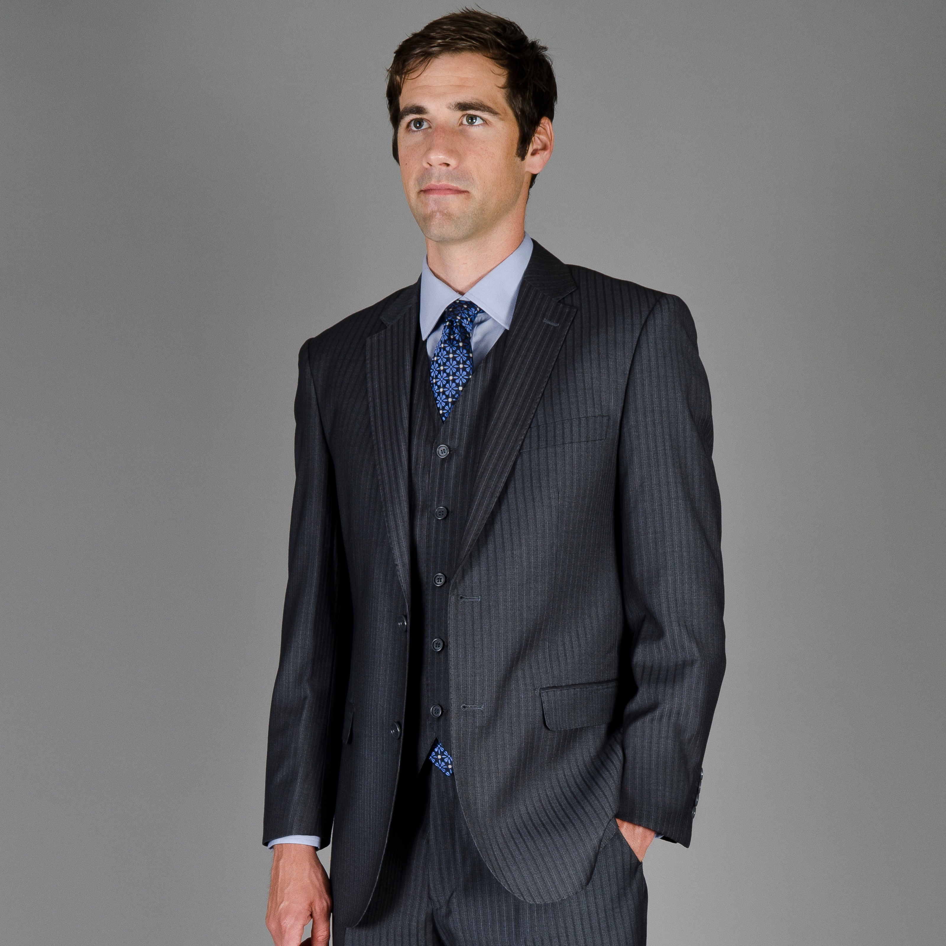 Mens Black Stripe 2 button Vested Suit