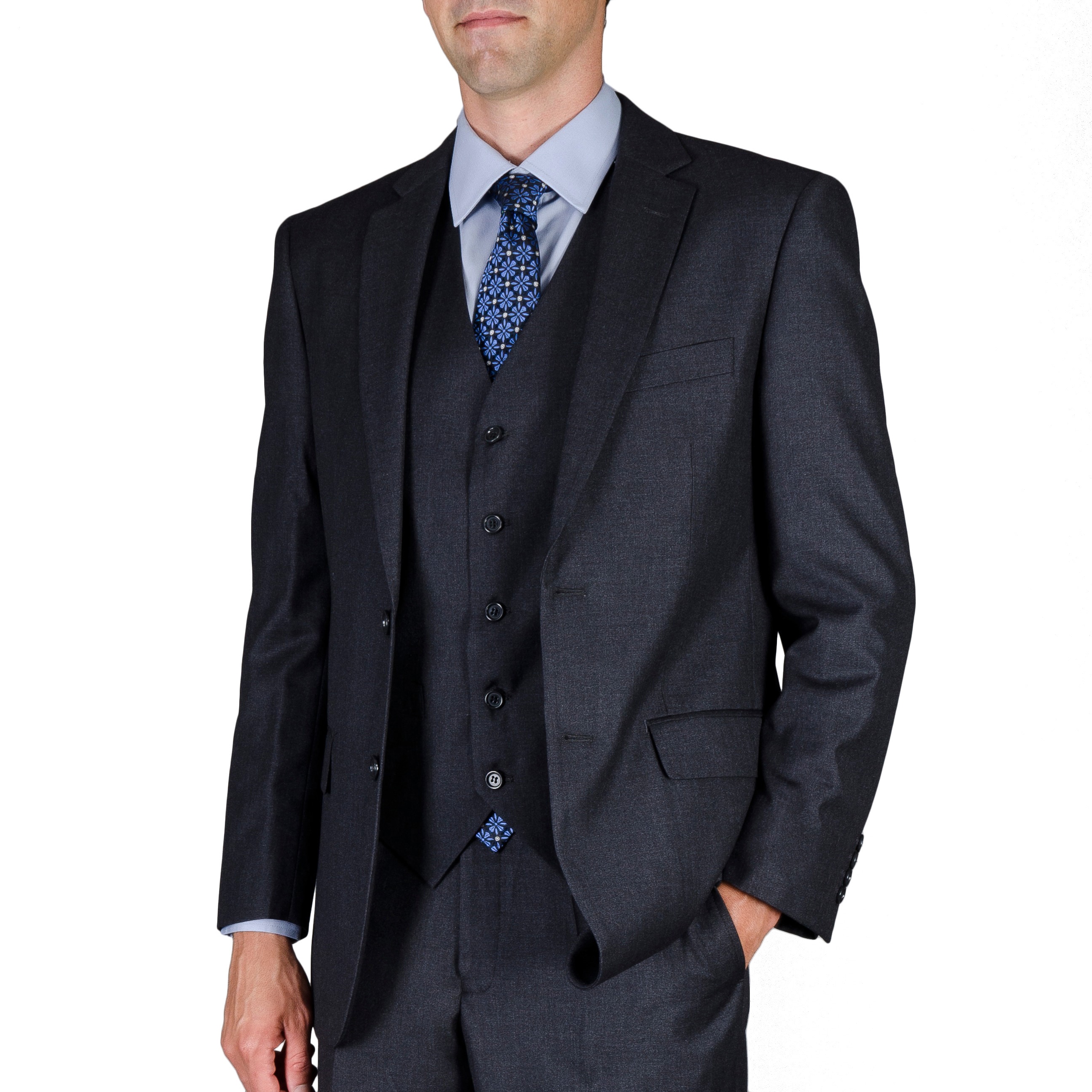 Mens Solid Charcoal 2 button Vested Suit
