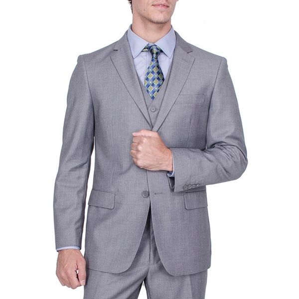 Men's Solid Grey 2-Button Vested Suit - 15338558 - Overstock.com ...