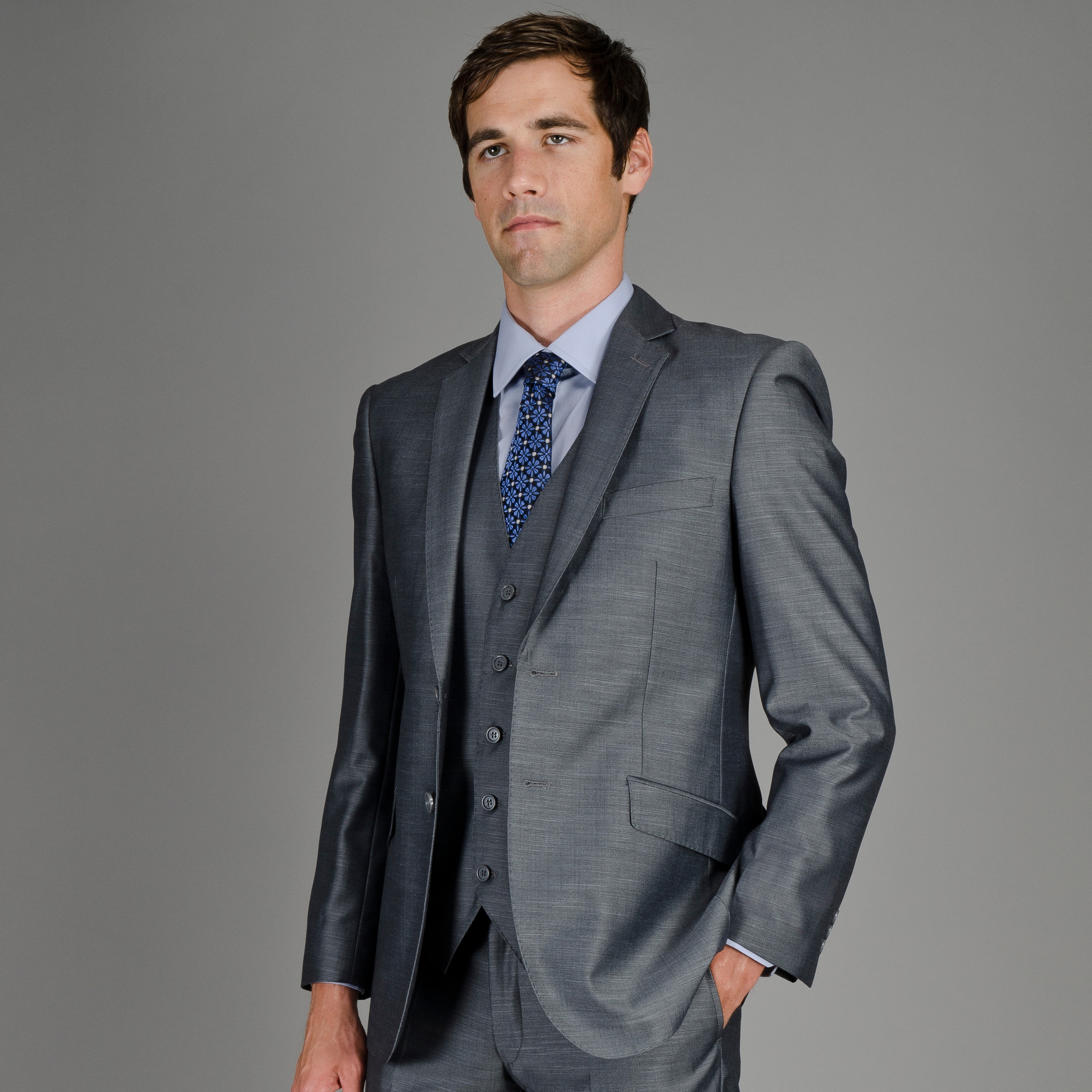 Mens Slim Fit Grey Sharkskin 2 button Vested Suit