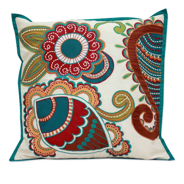 Handcrafted Polyester 'Paisley Garden' Applique Cushion Cover , Handmade in India