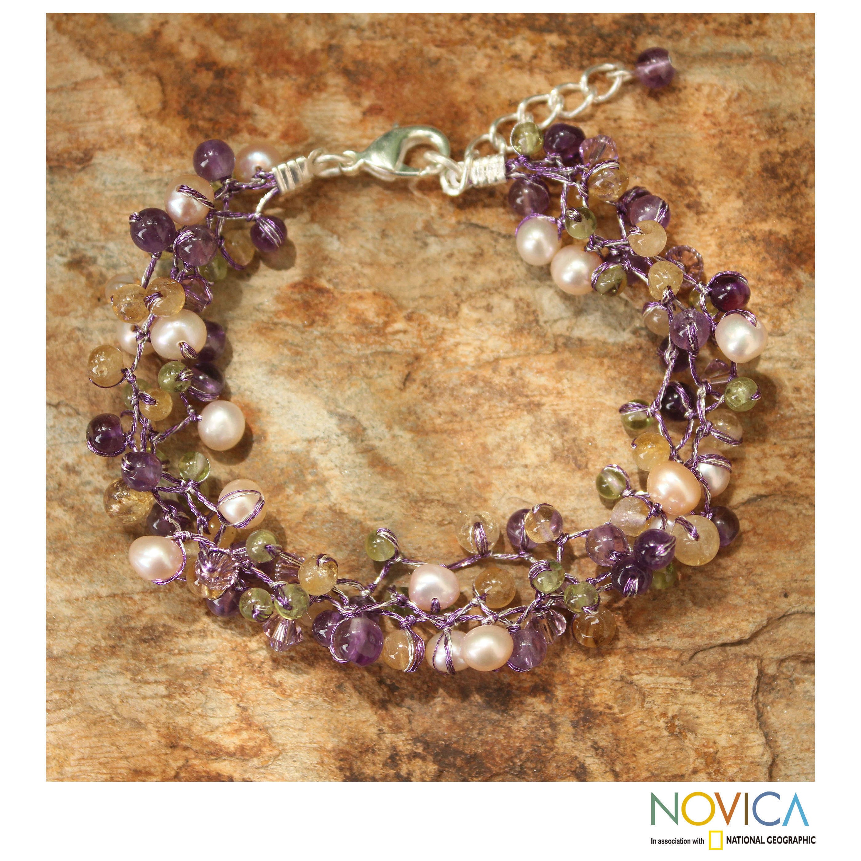 NOVICA Multi-Gem Amethyst Cultured Freshwater Pearl Silver Plated Beaded Bracelet 'Mystic Passion' NOVICA Multi-Gem Amethyst Cultured Freshwater Pearl Silver Plated Beaded Bracelet 'Mystic Passion'